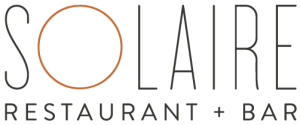 The image shows a logo for "Solaire Restaurant + Bar" with a circular design element incorporated into the letter "O."