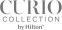 The image shows the logo of 'Curio Collection by Hilton,' a brand of hotels.