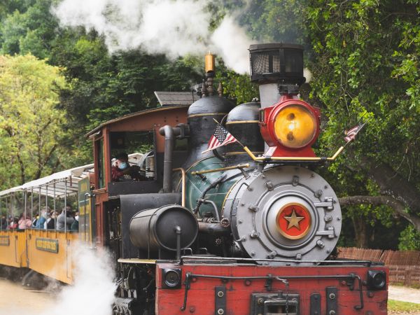 An old steam locomotive with passengers is chugging along a track, emitting steam, and passing through a green, wooded area.