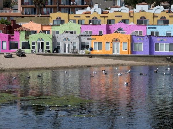 Colorful beachside buildings with pink, green, gray, purple, yellow facades, and birds on the shore and water in the foreground.