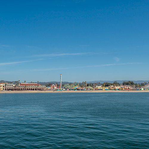 The image shows a coastal amusement park along a beachline, with various rides and buildings under a clear blue sky.