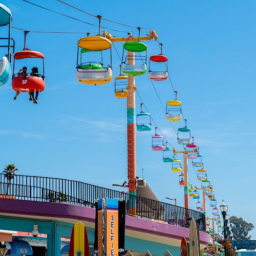 The image shows a colorful chairlift ride at an amusement park, with various vibrant gondolas suspended above the park area on a sunny day.