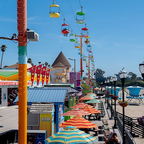 A colorful seaside amusement park with shops, outdoor seating under umbrellas, palm trees, and a chairlift ride extending along the boardwalk ending the sentence.