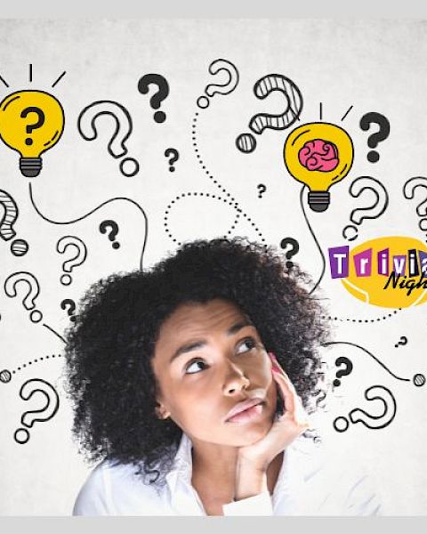 A person is contemplating with question marks and light bulbs around their head, suggesting a brainstorming or trivia theme. The words 