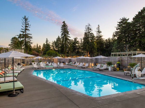 A serene pool area with lounge chairs and umbrellas, surrounded by tall trees and a fenced enclosure, set against a clear sky at dusk.