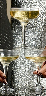 Three elegant women holding champagne flutes in a chic party scene, with a geometric white centerpiece; glamorous evening vibe.